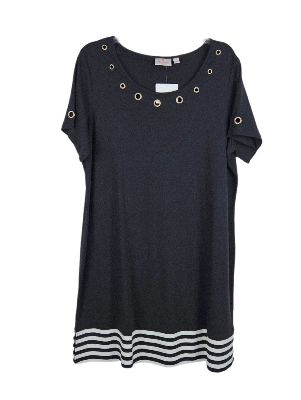 Quacker Factory Midi Dress T-shirt Black White Gold Bling Striped Womens 2X